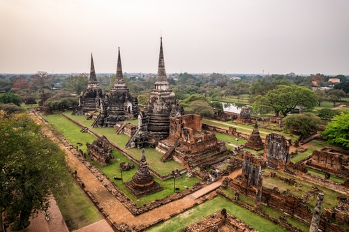 Aerial view of Wat Phra Si Sanphet, Ayutthaya temple in Thailand. Ayutthaya Historical Park has been considered a World Heritage Site by UNESCO