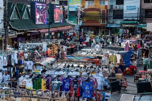 The new clean Marketstreet and Tourist place Khao San Road in Banglamphu in the city of Bangkok in Thailand