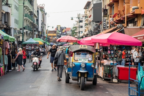 The new clean Marketstreet and Tourist place Khao San Road in Banglamphu in the city of Bangkok in Thailand