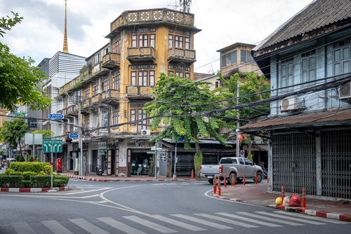 Street view of Bangkok old town on Charoenkrung road near Yaowarat Chinatown in Bangkok, Thailand