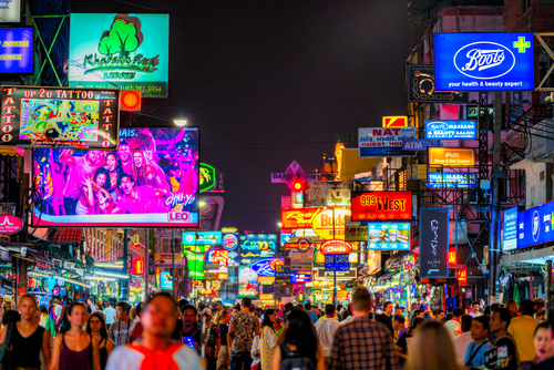 Tourists enjoying Khao San Road, Khao San road is a famous place for sight-seeing and eating at night in Bangkok, Thailand