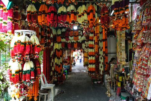 View of flowers at India Alley, Phahurat Road, Bangkok, Thailand