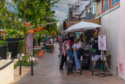 View from Khlong Ong Ang, Saphan Han, in the center of Phahurat Old Market, Bangkok, Thailand