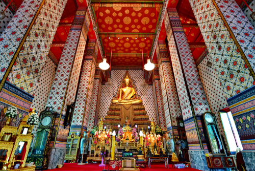 A stunning view of Golden Buddha inside Ubosot of Wat Arun, Bangkok, Thailand