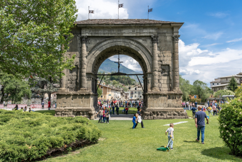 102nd Giro d'Italia, bicycle competition, from Saint Vincent to Courmayeur Skyway Monte Bianco. The Arch of Augustus in Aosta, Aosta Valley, Italy
