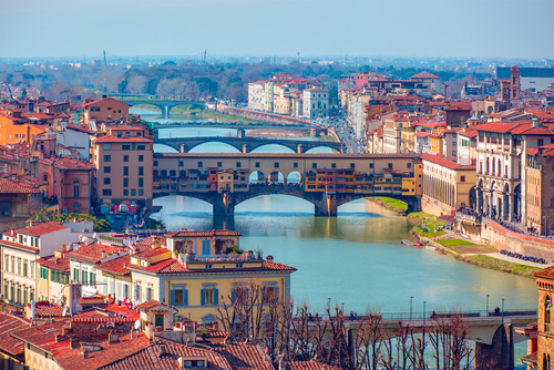 Panoramic view of Florence with Ponte Vecchio over Arno river, Florence, Tuscany Italy