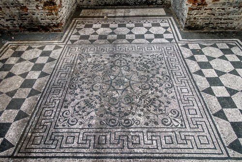 Mosaic tiles in the ancient ruins of Villa Adriana ( The Hadrian's Villa ), Hospitalia, Tivoli, near Rome, Lazio, Italy