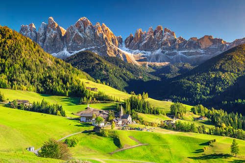 Famous best alpine place of the world, Santa Maddalena village with magical Dolomites mountains in background, Val di Funes valley, Trentino Alto Adige region, Italy