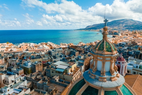 Aerial panoramic view of Trapani harbor, Sicily, Italy