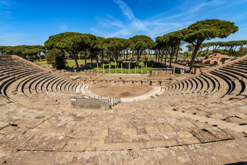 View of the Roman Theater at the Archaeological site of Ostia Antica near Rome, Lazio, Italy