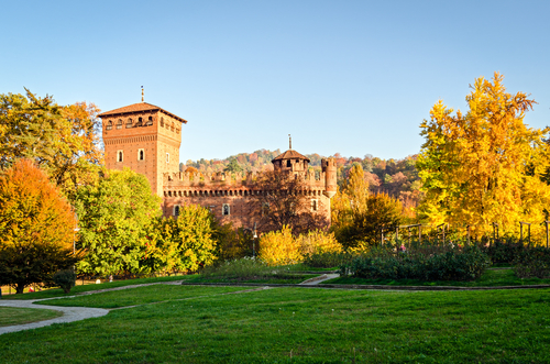 View of borgo medievale castle looking building in Parco de Valentino, Torino, Piedmont, Italy