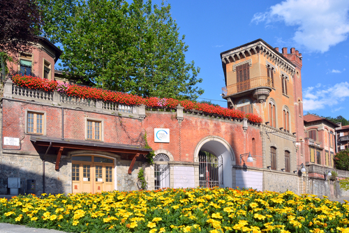 Saint Vincent, Aosta Valley, Italy. The entrance to the ancient funicular that leads to the thermal baths