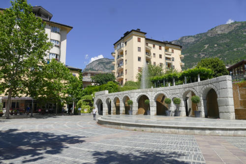Saint Vincent, Aosta Valley, Italy. View of main square and Chanoux street