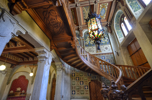Castel Savoia, is a villa built in the late 1800s in eclectic style. Inside, the fabulous wooden staircase. Gressoney-Saint-Jean, Valle d'Aosta, Italy