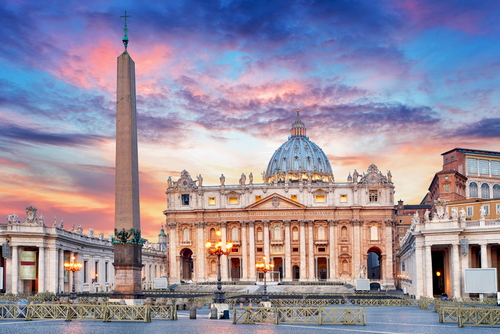 St. Peter's square in Vatican city with dramatic skies, Rome, Lazio, Italy