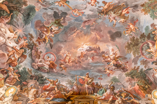 Marvellous fresco with Marcus Furius Camillus' battle victory (close-up) from Villa Borghese's hall, XVII century, Rome, Lazio, Italy