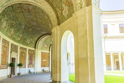 Courtyard and arcade of Villa Giulia, houses Museo Nazionale Etrusco (National Etruscan Museum), big collection of Etruscan art and artifacts, in Villa Borghese in Rome, Lazio, Italy