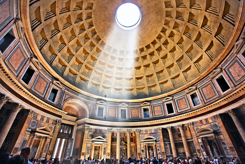 Dramatic lighting inside the Pantheon, former Roman Temple, now a church of St. Mary and the Martyrs (Chiesa Santa Maria dei Martiri) in Rome, Lazio, Italy