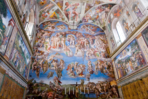 Frescoes on the walls of the Sistine Chapel in Vatican City, Rome, Lazio, Italy