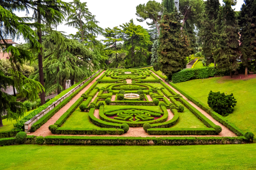 View of the garden and flowers at the Vatican Gardens located in the Vatican City, Rome, Lazio, Italy