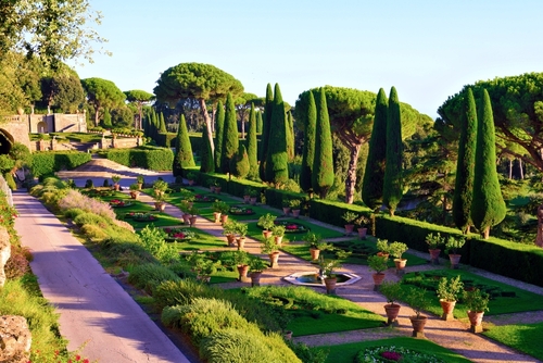 The papal gardens, a splendid view of Lake Albano and the city of Castel Gandolfo, Rome, Lazio, Italy