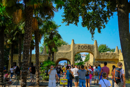Turin Zoo entrance full with visitors across palms, trees, blue sky. Turin, Piedmont, Italy
