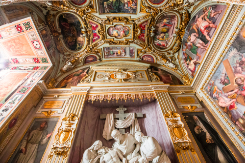 Interior view and architectural details of Trinita dei Monti church in Rome, Lazio, Italy