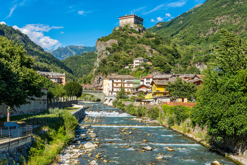 View of the village of Verres and its castle, Aosta Valley, Italy
