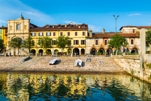 Lake Maggiore, Arona, historic center, Picturesque view of the Piazza del Popolo and of the oldest and most characteristic part of the town of Arona, Lombardy, Italy