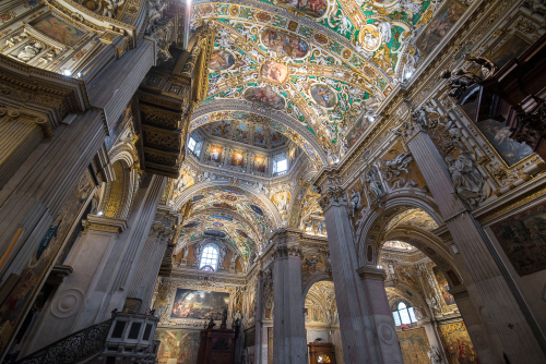 Interior of Basilica di Santa Maria Maggiore. The church is Romanesque architecture, decoration is Baroque renovation, located in Bergamo, Lombardy, Italy