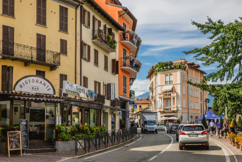 View of historical buildings in Baveno a town in the province of Verbano-Cusio-Ossola, part of Lombardy, northern Italy, on the west shore of Lake Maggiore
