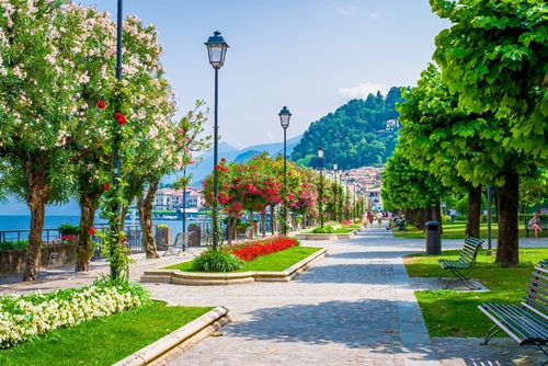Bellagio borgo on Lake Como, Lombardy, Italy. Romantic scenery of coast and lakefront, the town is famous for popular luxury resort, stores, narrow streets and alleys