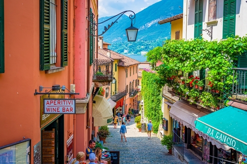Town of Bellagio on Lake Como, Lombardy, Italy. Alley and stores, the town is famous for popular luxury resort, coast and lakefront