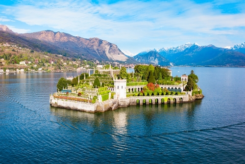 Isola Bella and Stresa town aerial panoramic view. Isola Bella is one of the Borromean Islands of Lago Maggiore, Lombardy, Italy
