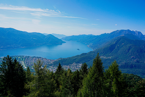View to the city Ascona and Italy from Cardada outlook, Lake Maggiore, Lombardy, Italy