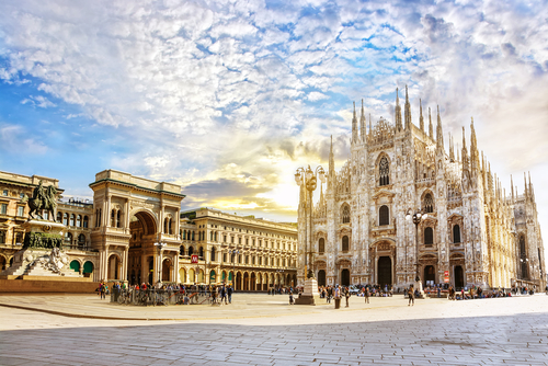 Cathedral Duomo di Milano and Vittorio Emanuele gallery in Square Piazza Duomo at sunny morning, Milan, Lombardy, Italy