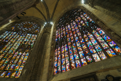 Interior view of the stained-glass windows in the Milan Gothic cathedral (Duomo di Milano), it is the 5th largest church in the world and the second largest in Italy, Milan, Lombardy, Italy
