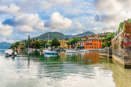 Landscape with Pescallo village, Bellagio town at Como lake, Lombardy, Italy