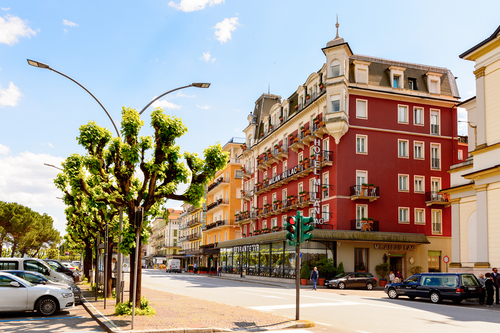 Architecture of the main street of Stresa, a town on the shores of Lake Maggiore, Verbano-Cusio-Ossola, Lombardy, Italy