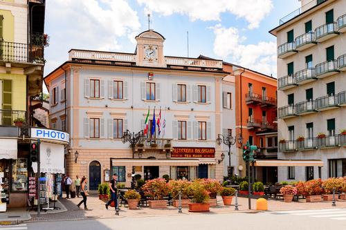 Architecture of the main street of Stresa, a town on the shores of Lake Maggiore, Verbano-Cusio-Ossola, Lombardy, Italy