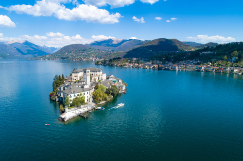 Aerial view of Lake Orta in Lombardy, northern Italy, island of San Giulio on a sunny day