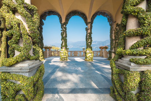 The famous loggia of the FAI Villa del Balbianello with the arches, Tremezzina, Lake Como, Lombardy, Italy
