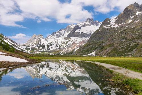 Pyramides Calcaires mountains at background at the end of Veny Valley, Val d'Aosta, Piedmont, Italy