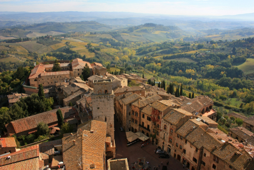 View from a medieval tower in the town of San Gimignano, Tuscany, Italy