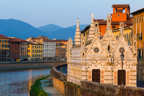 Evening landscape on the river in Pisa, Tuscany, Italy