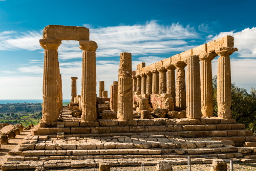 The ruins of the temple of Juno, in the Valley of the Temples, in Acragas, an ancient Greek city on the site of modern Agrigento, Sicily, Italy
