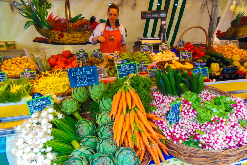 Produce market stall in Amboise, Loire Valley, France