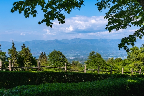 View to the Arno river valley from Badia a Coltibuono, Chianti Classico Region, Tuscany, Italy