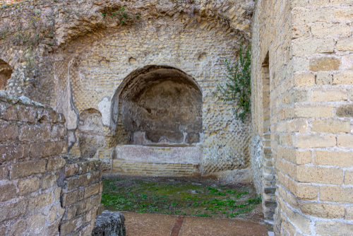 View and details of the archaeological area specialized in the SPA treatments of the ancient Romans, Baia near Naples, Campania, Italy