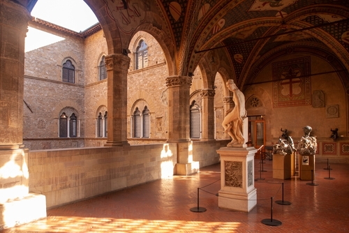 Interior view of sculptures at Palazzo del Bargello, Built in the 13th century, Florence, Tuscany, Italy